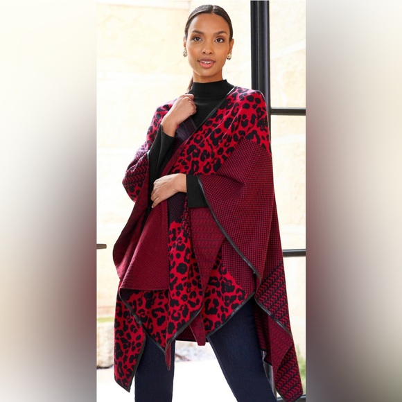 Ming Wang Sweaters - NWT Ming Wang Women's Poncho Sweater Red Mixed Print Wrap  One Size